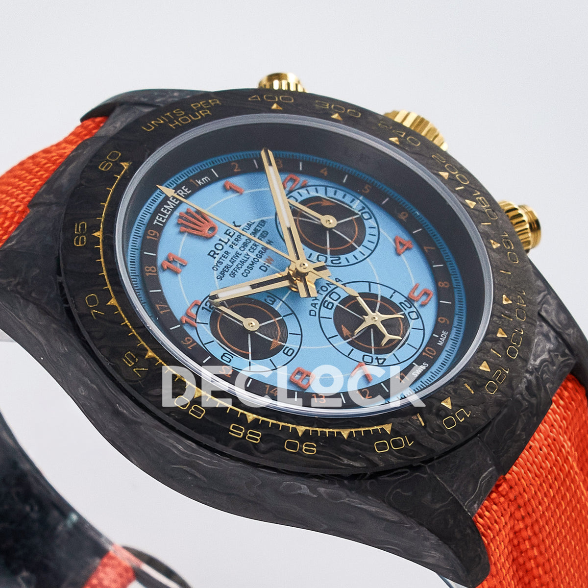 Rolex Daytona Custom Avia Azure Blue Carbon Orange Strap DIWF SH4130 replica - angled left