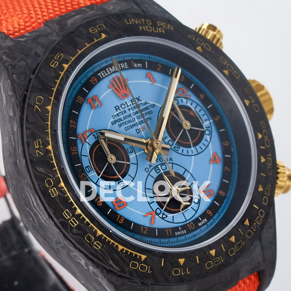 Rolex Daytona Custom Avia Azure Blue Carbon Orange Strap DIWF SH4130 replica - angled right