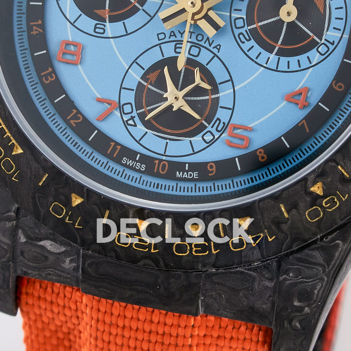 Rolex Daytona Custom Avia Azure Blue Carbon Orange Strap DIWF SH4130 replica - bezel close up