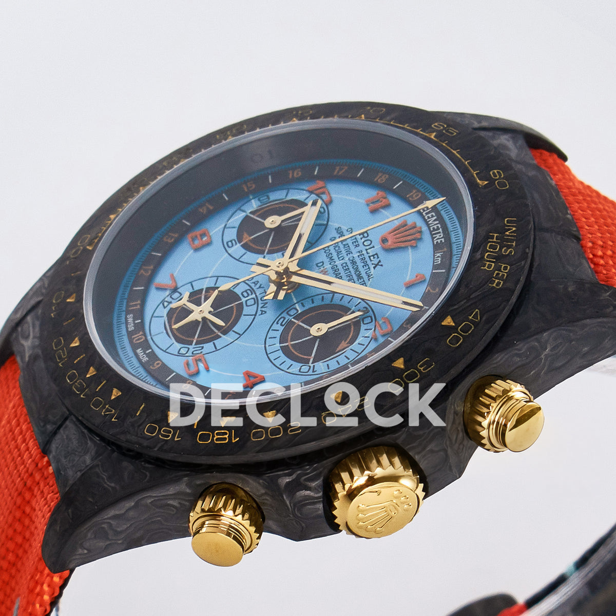 Rolex Daytona Custom Avia Azure Blue Carbon Orange Strap DIWF SH4130 replica - crown side front