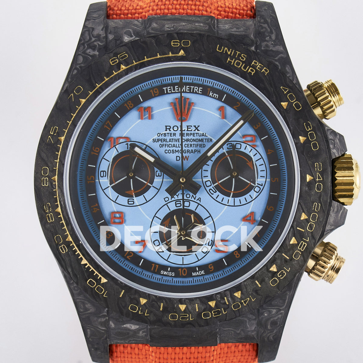 Rolex Daytona Custom Avia Azure Blue Carbon Orange Strap DIWF SH4130 replica - dial close up