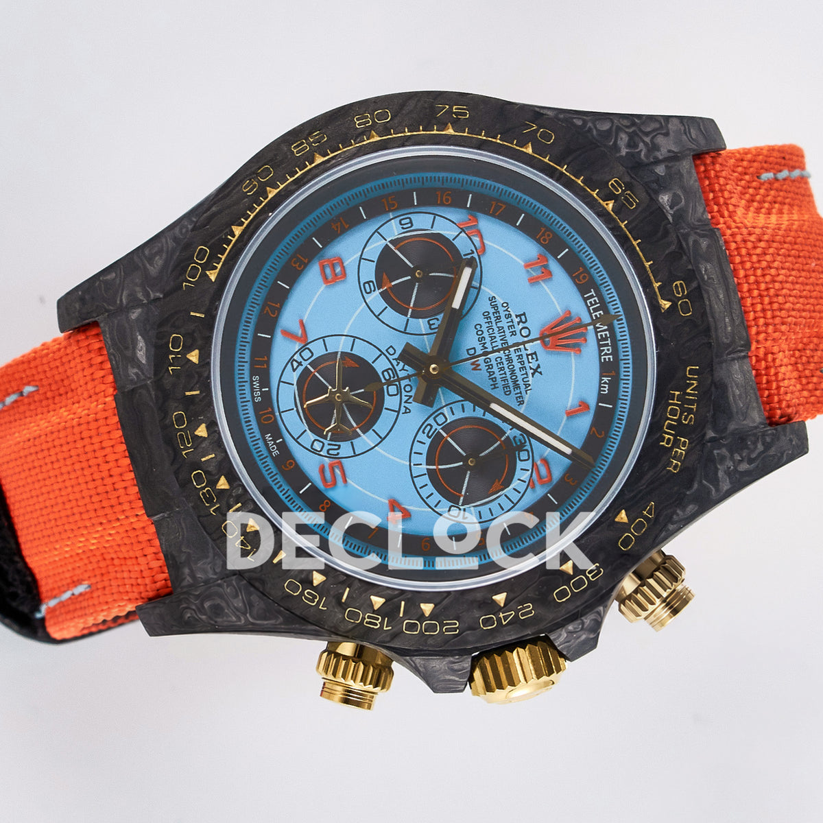 Rolex Daytona Custom Avia Azure Blue Carbon Orange Strap DIWF SH4130 replica - rotated dial