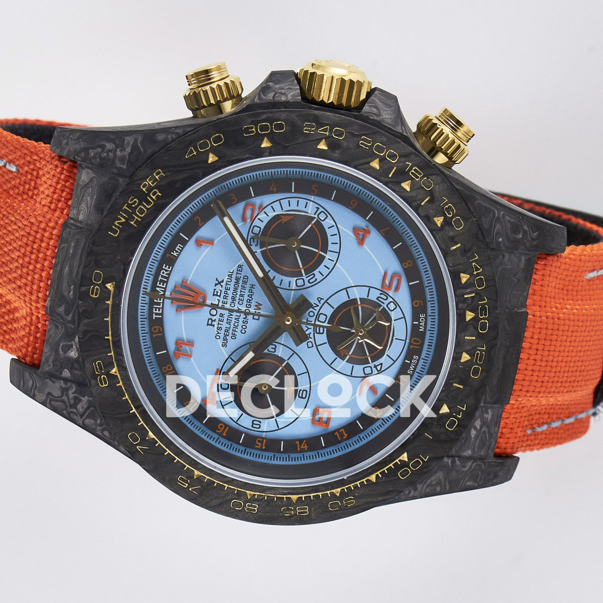 Rolex Daytona Custom Avia Azure Blue Carbon Orange Strap DIWF SH4130 replica - rotated front