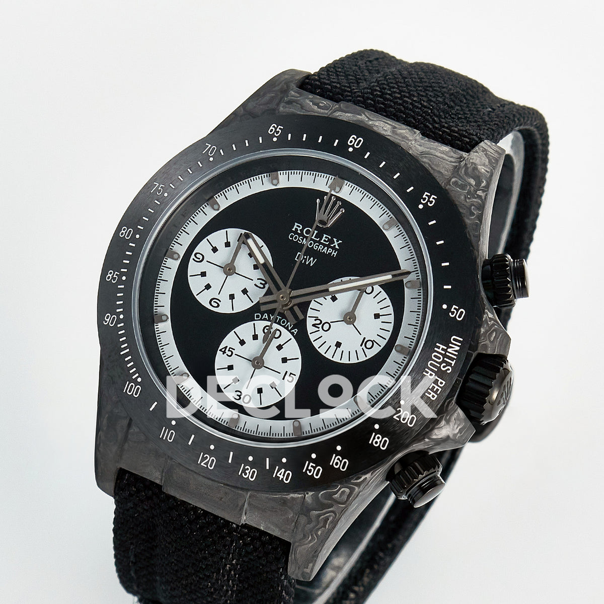 Rolex Daytona Custom Black Carbon Black White Black Strap DIWF SH4130 replica - angled front