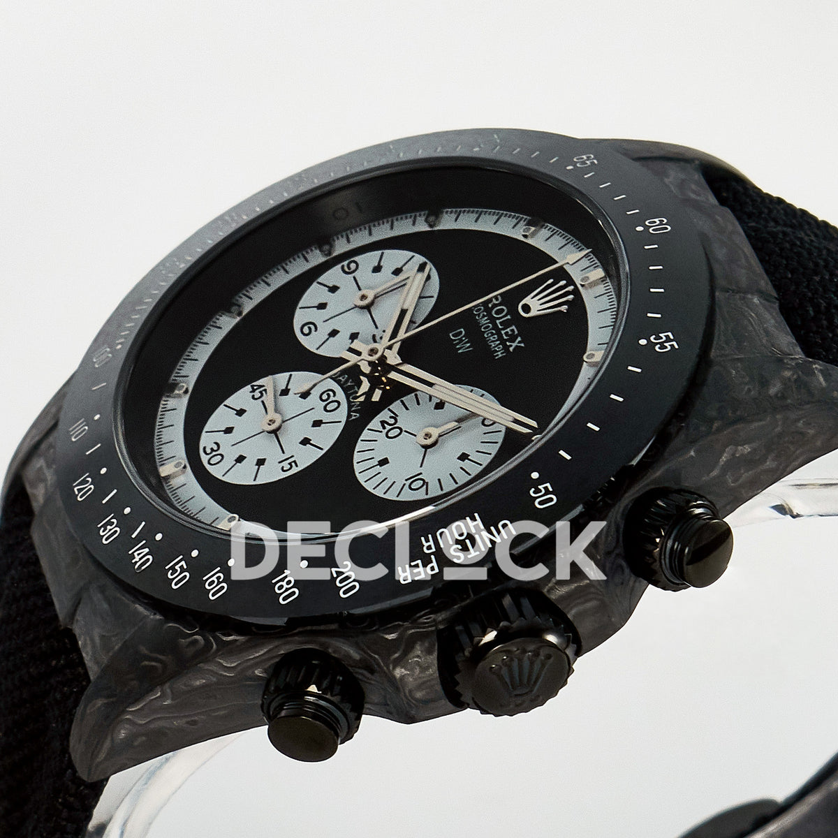 Rolex Daytona Custom Black Carbon Black White Black Strap DIWF SH4130 replica - crown side front