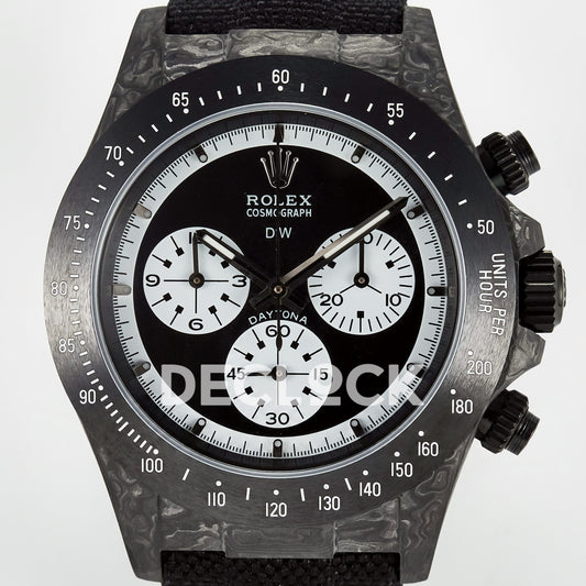 Rolex Daytona Custom Black Carbon Black White Black Strap DIWF SH4130 replica - dial close up