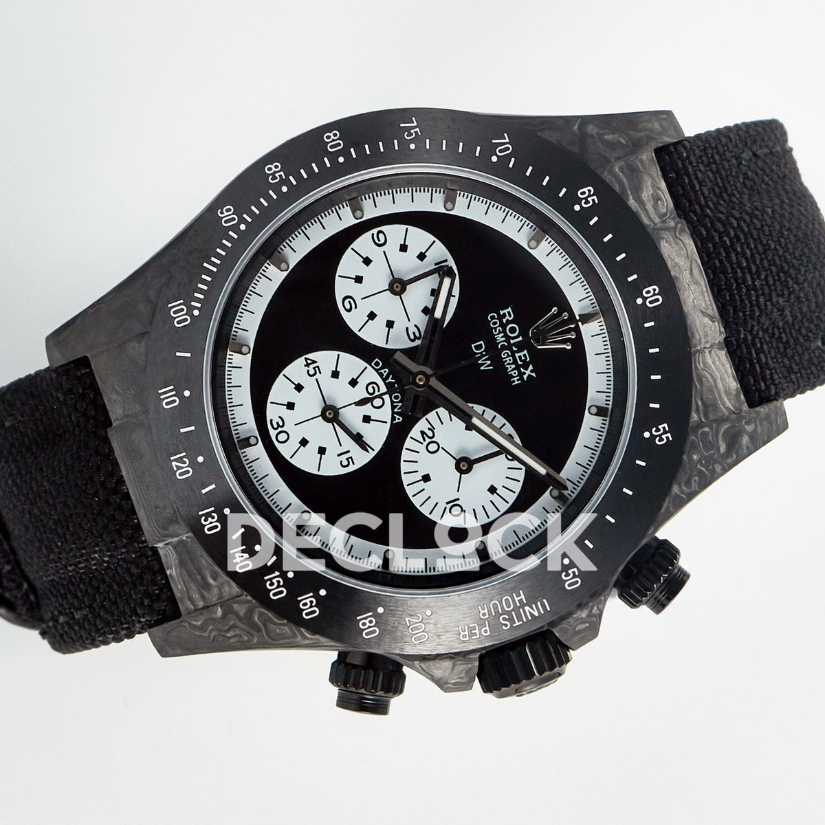 Rolex Daytona Custom Black Carbon Black White Black Strap DIWF SH4130 replica - rotated front