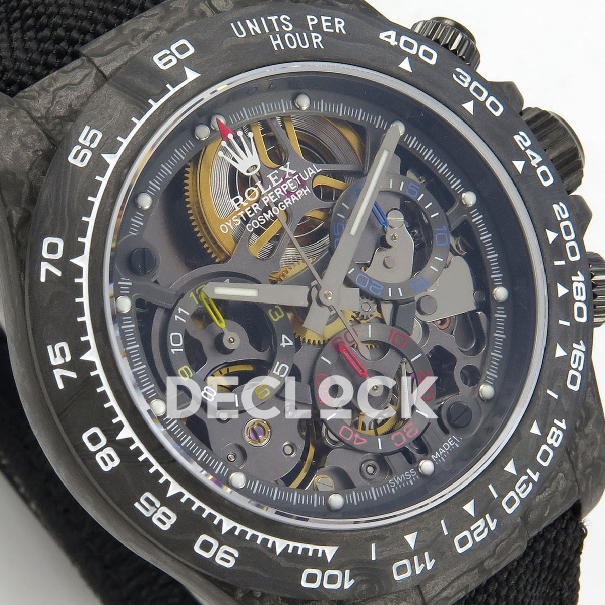 Rolex Daytona Custom Blaken Carbon Skeleton Black Nylon GETF SA4130 replica - angled dial