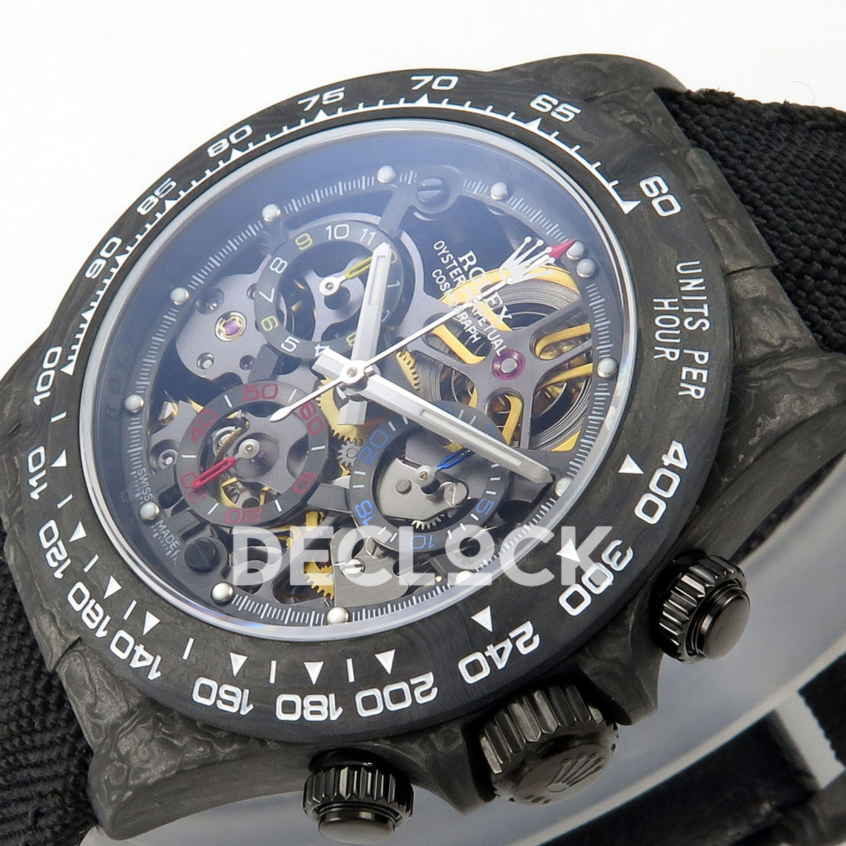 Rolex Daytona Custom Blaken Carbon Skeleton Black Nylon GETF SA4130 replica - crown side front