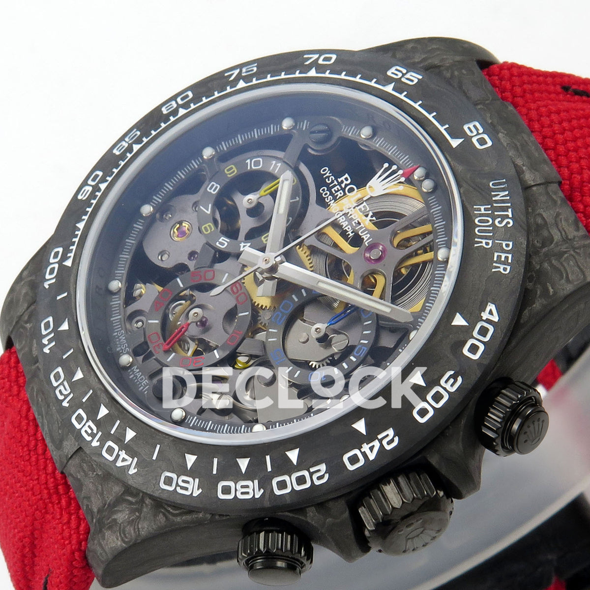 Rolex Daytona Custom Blaken Carbon Skeleton Red Nylon GETF SA4130 replica - crown side front