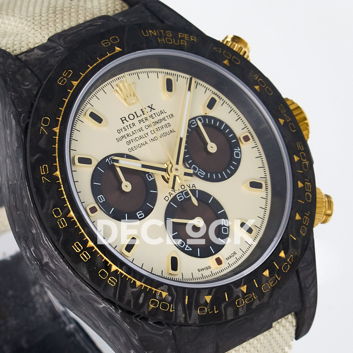 Rolex Daytona Custom Carbon Cream Brown DIWF A7750 replica - angled right