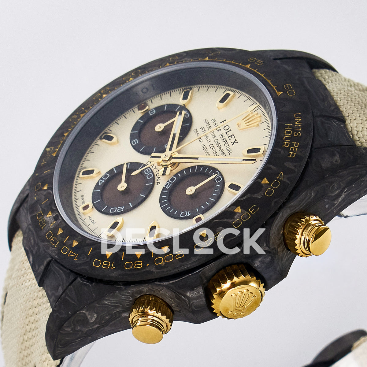 Rolex Daytona Custom Carbon Cream Brown DIWF A7750 replica - crown side front
