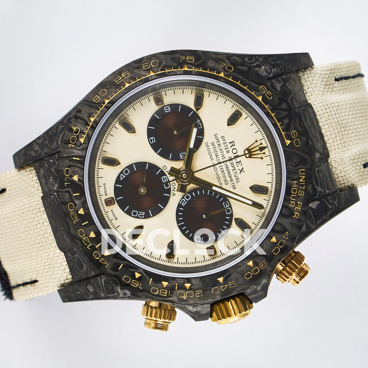 Rolex Daytona Custom Carbon Cream Brown DIWF A7750 replica - rotated front