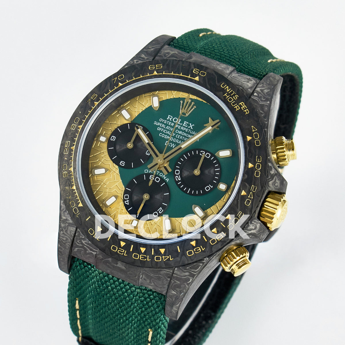 Rolex Daytona Custom Carbon Green Gold Green Strap DIWF A7750 replica - angled front