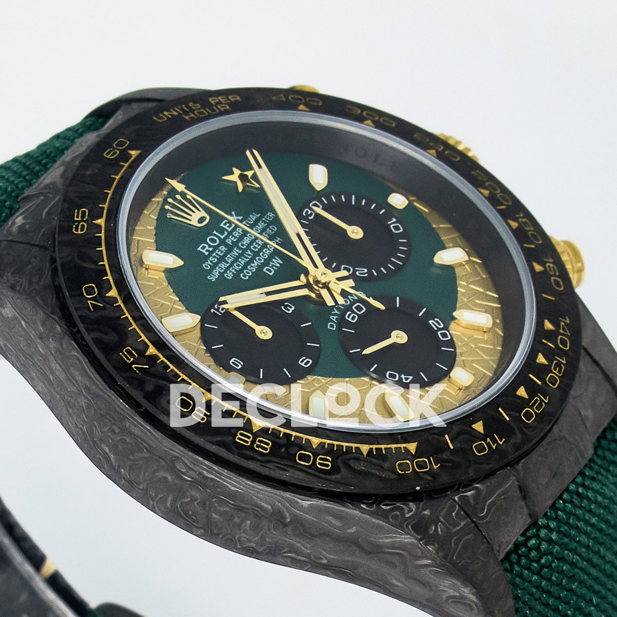 Rolex Daytona Custom Carbon Green Gold Green Strap DIWF A7750 replica - angled left