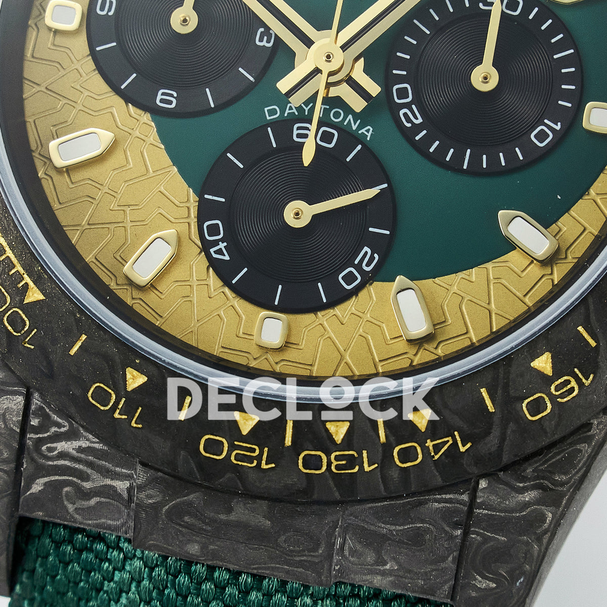 Rolex Daytona Custom Carbon Green Gold Green Strap DIWF A7750 replica - bezel close up