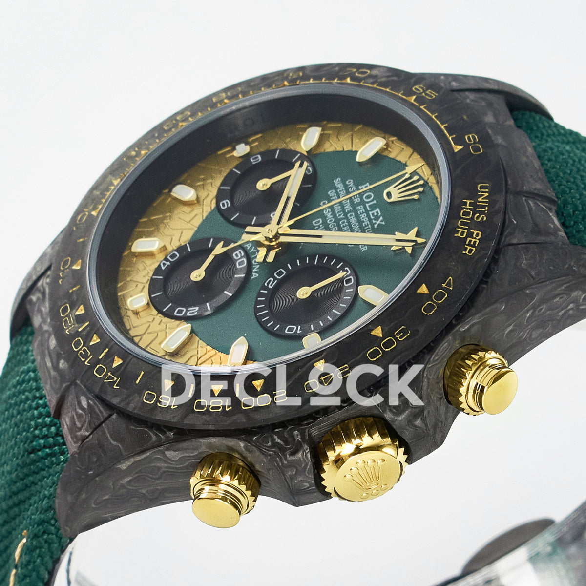 Rolex Daytona Custom Carbon Green Gold Green Strap DIWF A7750 replica - crown side front