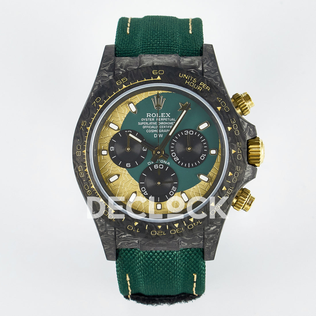 Rolex Daytona Custom Carbon Green Gold Green Strap DIWF A7750 replica - front Custom