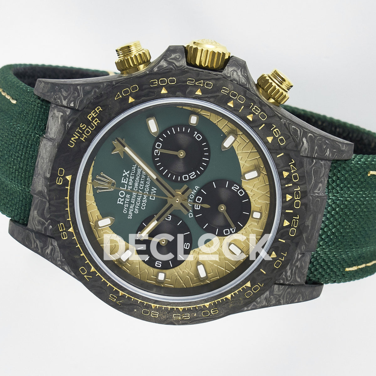 Rolex Daytona Custom Carbon Green Gold Green Strap DIWF A7750 replica - rotated dial