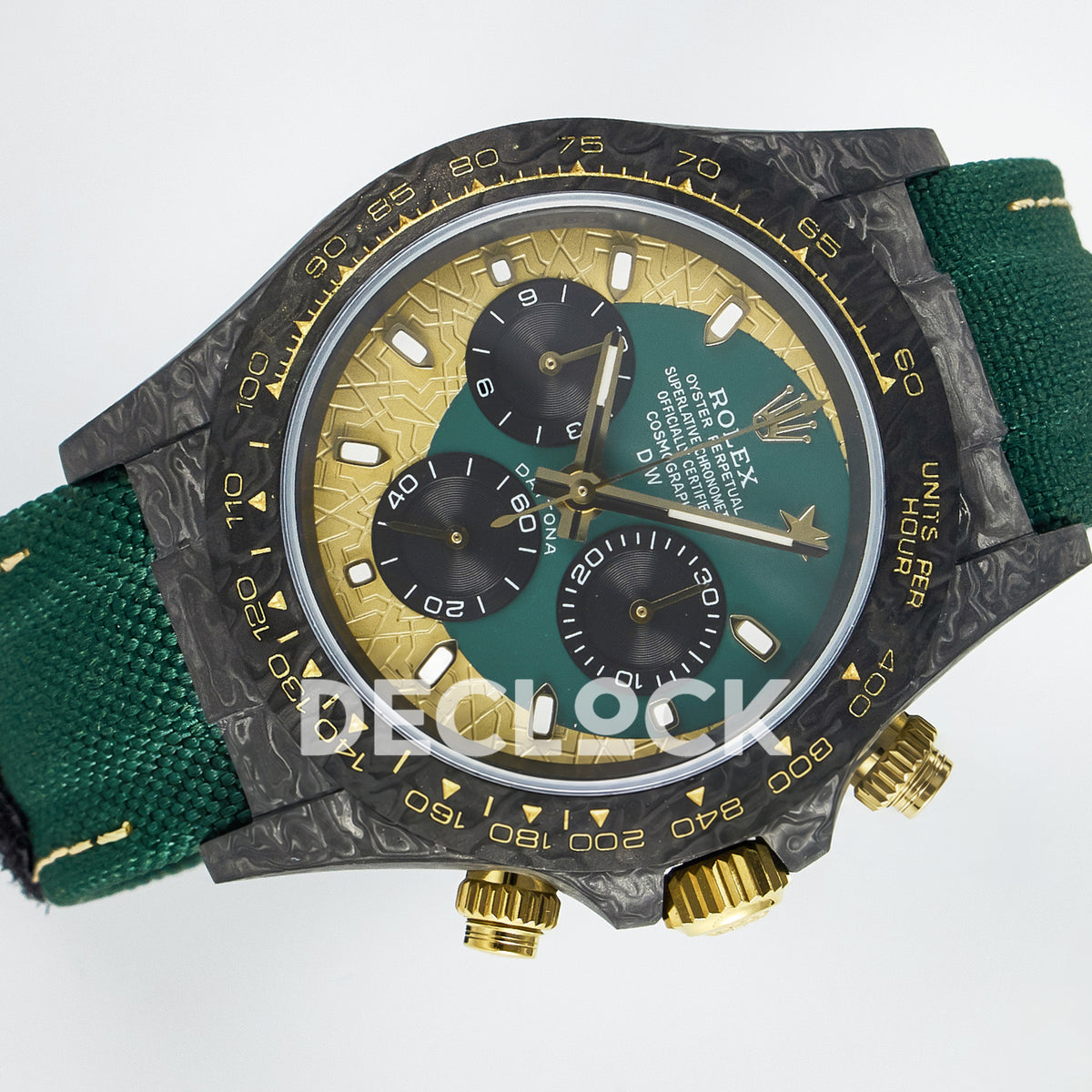 Rolex Daytona Custom Carbon Green Gold Green Strap DIWF A7750 replica - rotated front