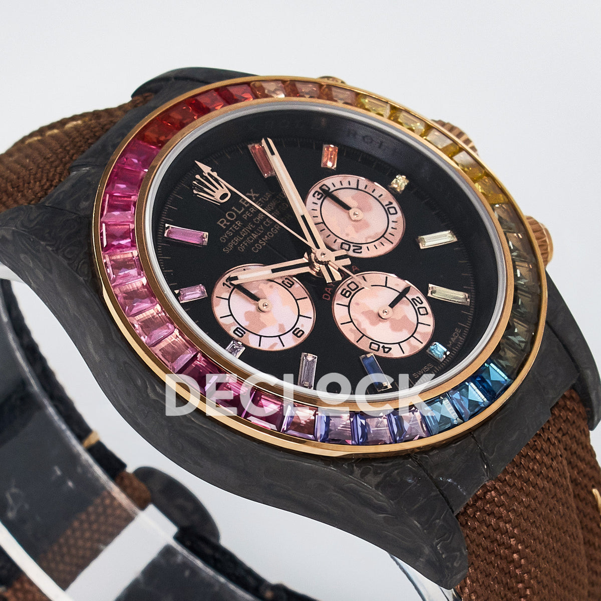 Rolex Daytona Custom Carbon Rainbow Brown Strap DIWF A7750 replica - angled left