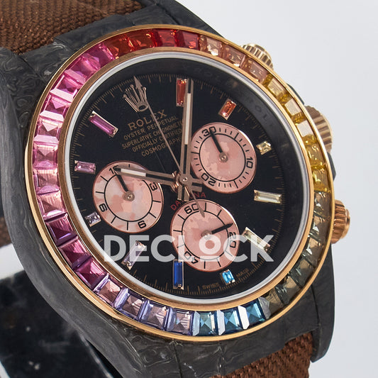 Rolex Daytona Custom Carbon Rainbow Brown Strap DIWF A7750 replica - angled right