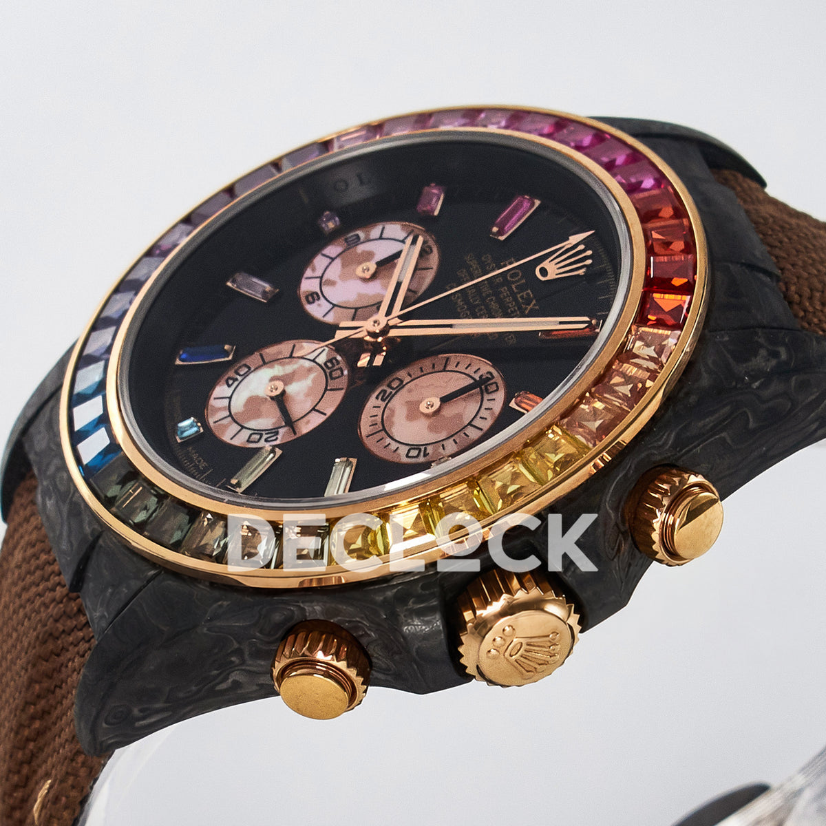Rolex Daytona Custom Carbon Rainbow Brown Strap DIWF A7750 replica - crown side front
