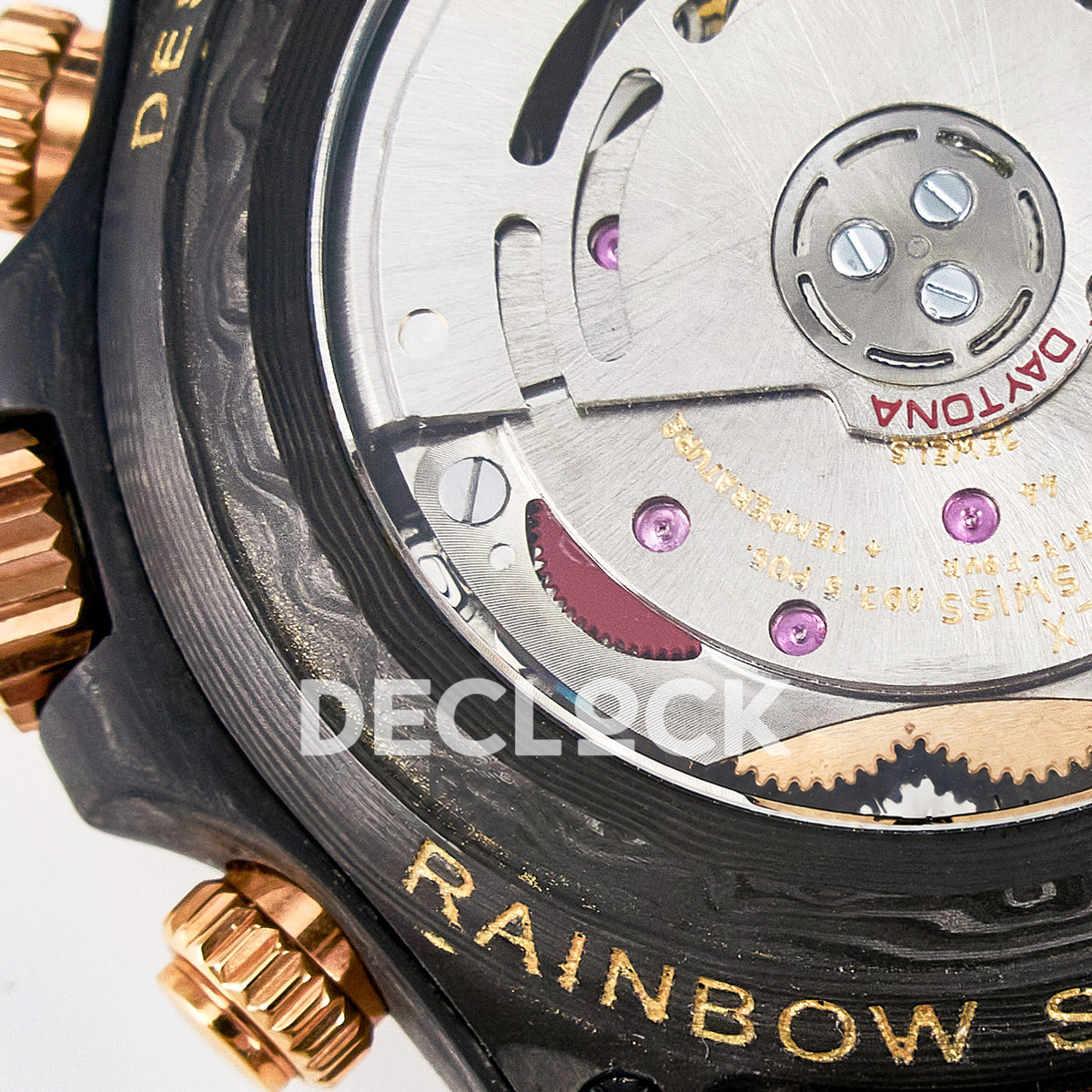 Rolex Daytona Custom Carbon Rainbow Brown Strap DIWF A7750 replica - movement angled