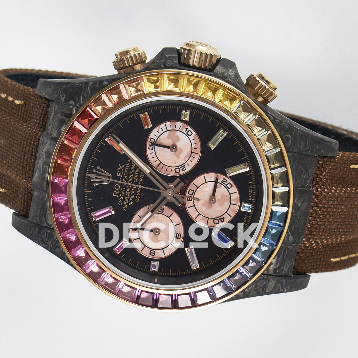 Rolex Daytona Custom Carbon Rainbow Brown Strap DIWF A7750 replica - rotated dial
