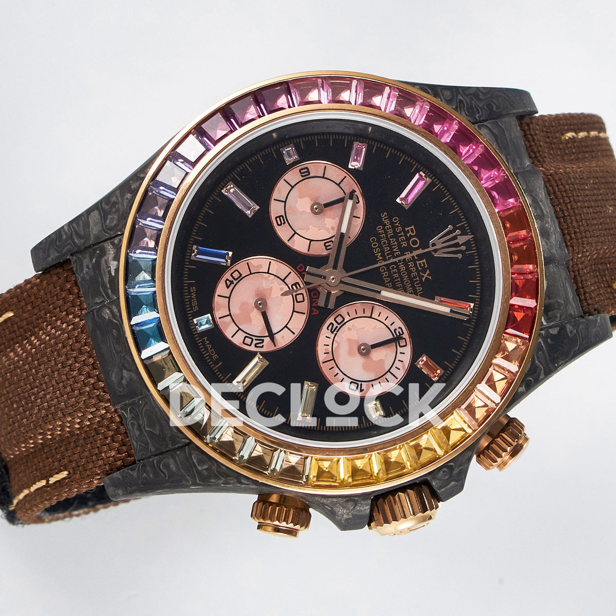 Rolex Daytona Custom Carbon Rainbow Brown Strap DIWF A7750 replica - rotated front