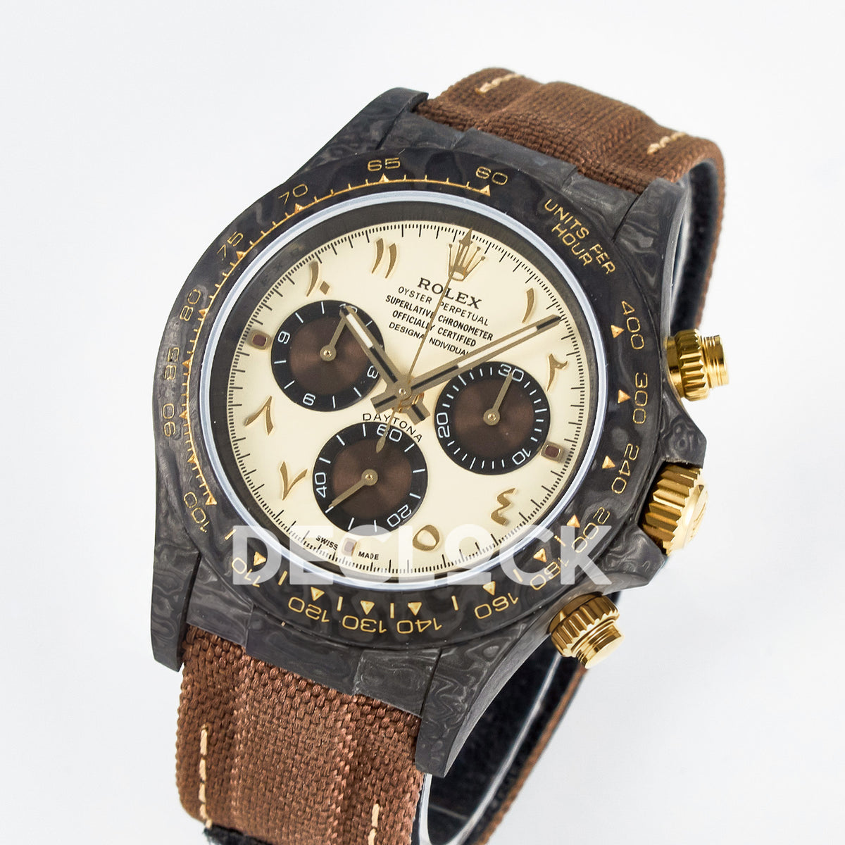 Rolex Daytona Custom Carbon Yellow Arabic Brown Strap DIWF A7750 replica - angled front