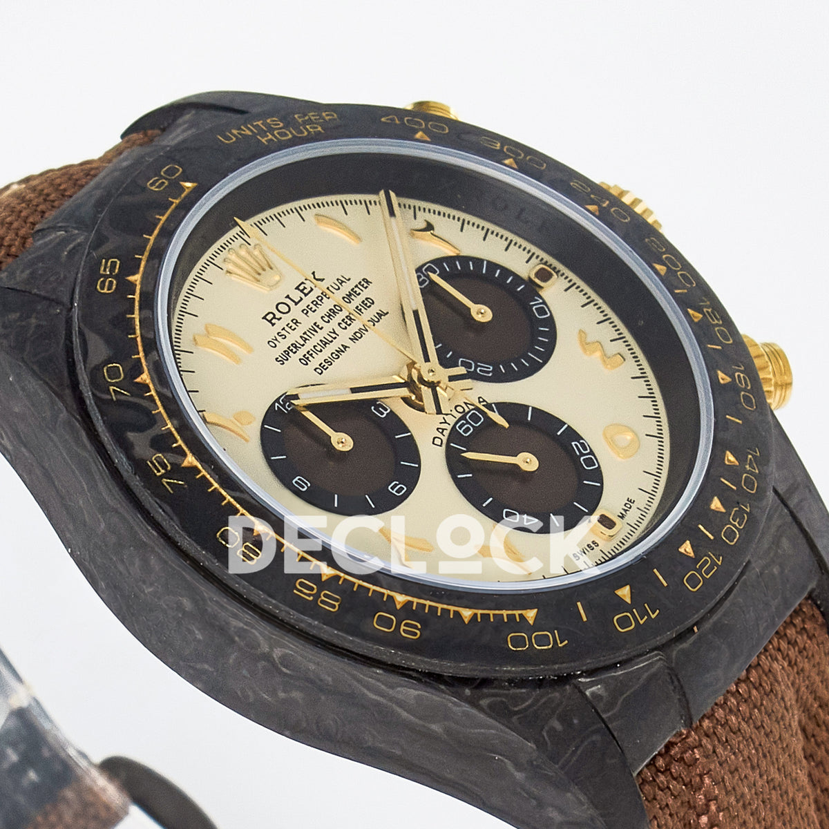 Rolex Daytona Custom Carbon Yellow Arabic Brown Strap DIWF A7750 replica - angled left