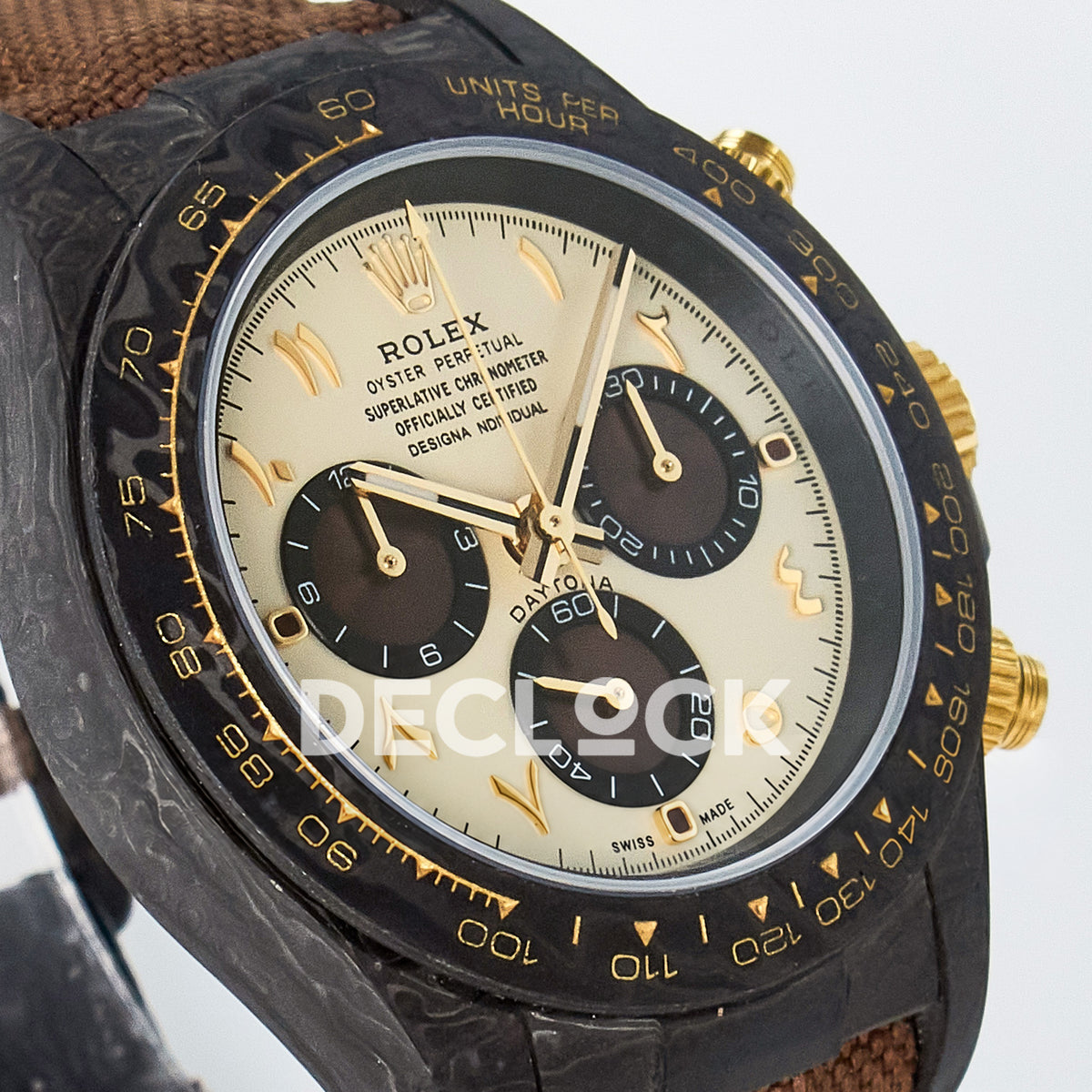 Rolex Daytona Custom Carbon Yellow Arabic Brown Strap DIWF A7750 replica - angled right