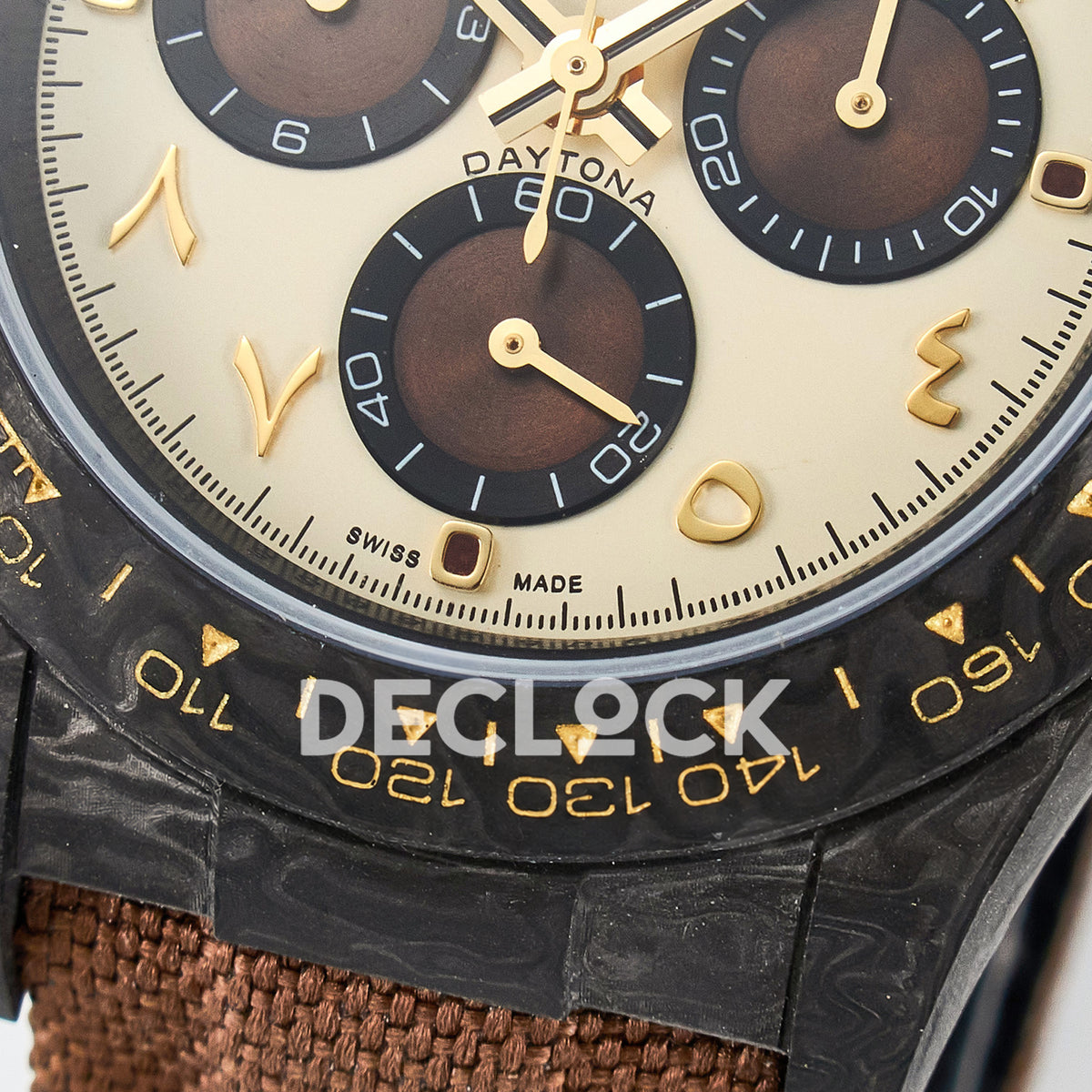 Rolex Daytona Custom Carbon Yellow Arabic Brown Strap DIWF A7750 replica - bezel close up