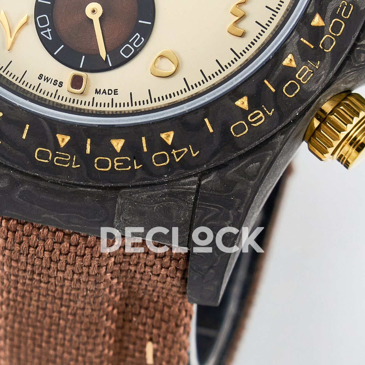 Rolex Daytona Custom Carbon Yellow Arabic Brown Strap DIWF A7750 replica - case lug