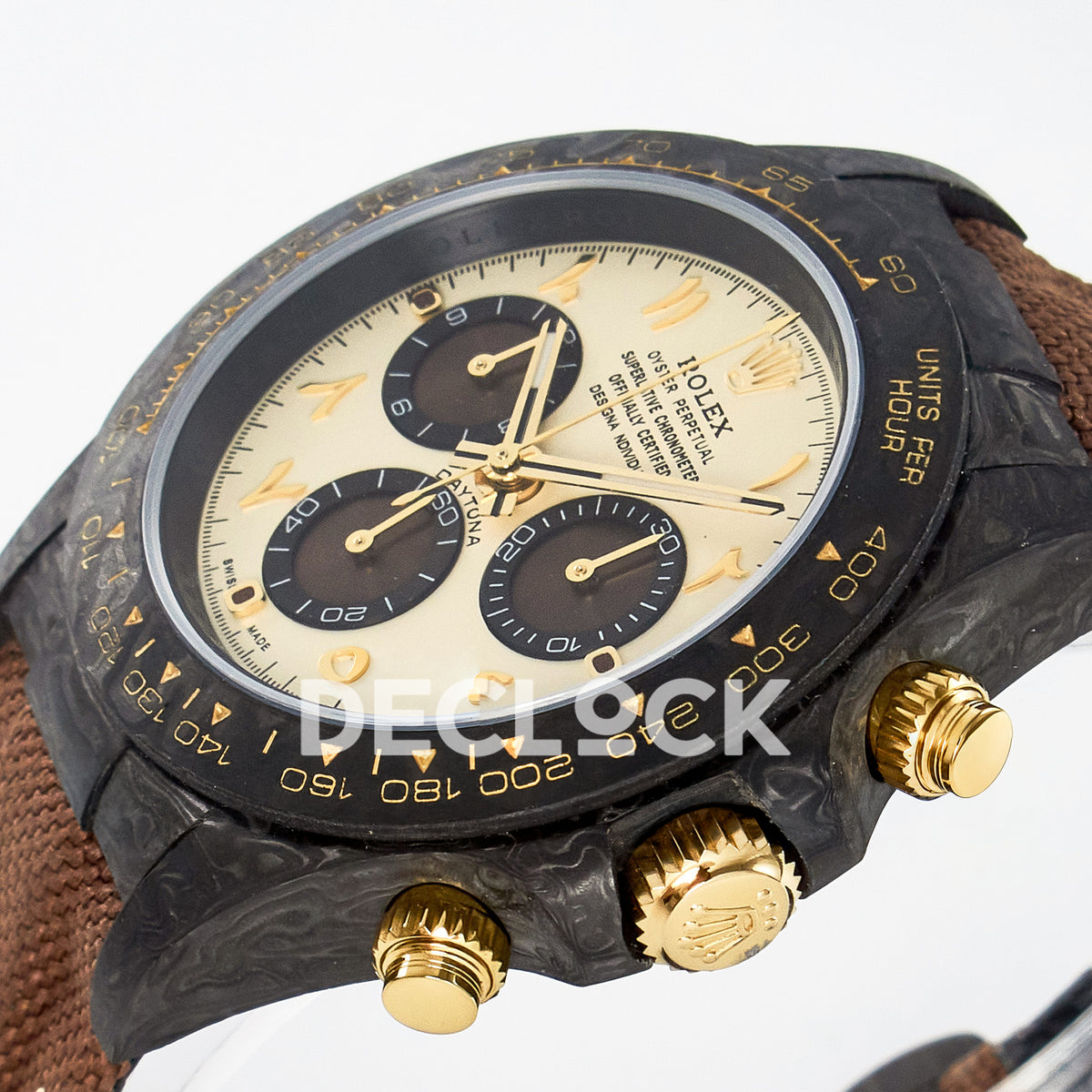 Rolex Daytona Custom Carbon Yellow Arabic Brown Strap DIWF A7750 replica - crown side front