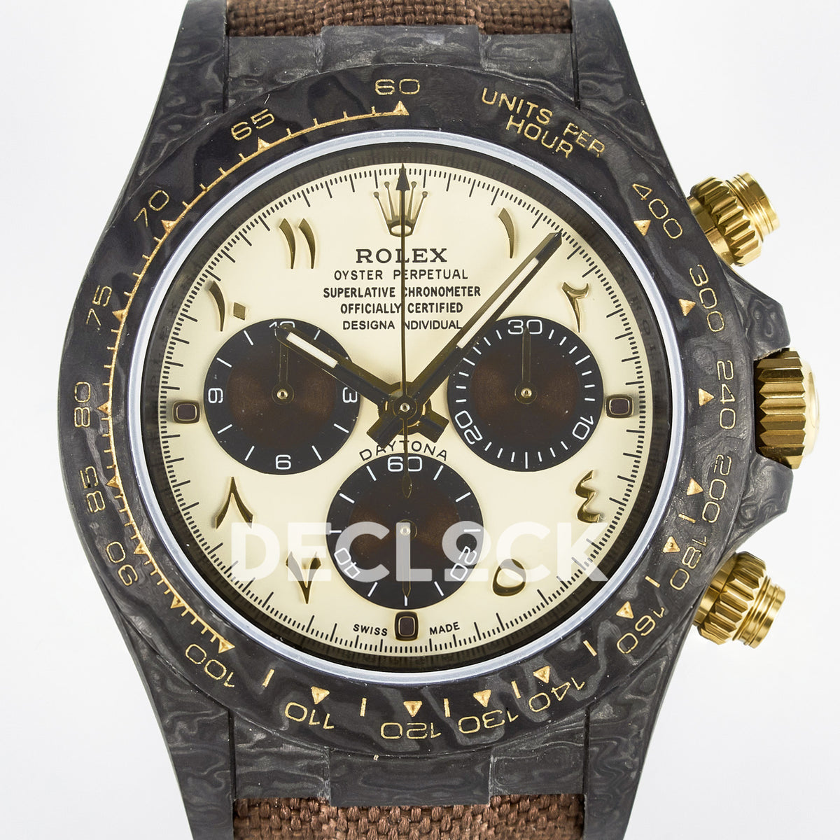 Rolex Daytona Custom Carbon Yellow Arabic Brown Strap DIWF A7750 replica - dial close up