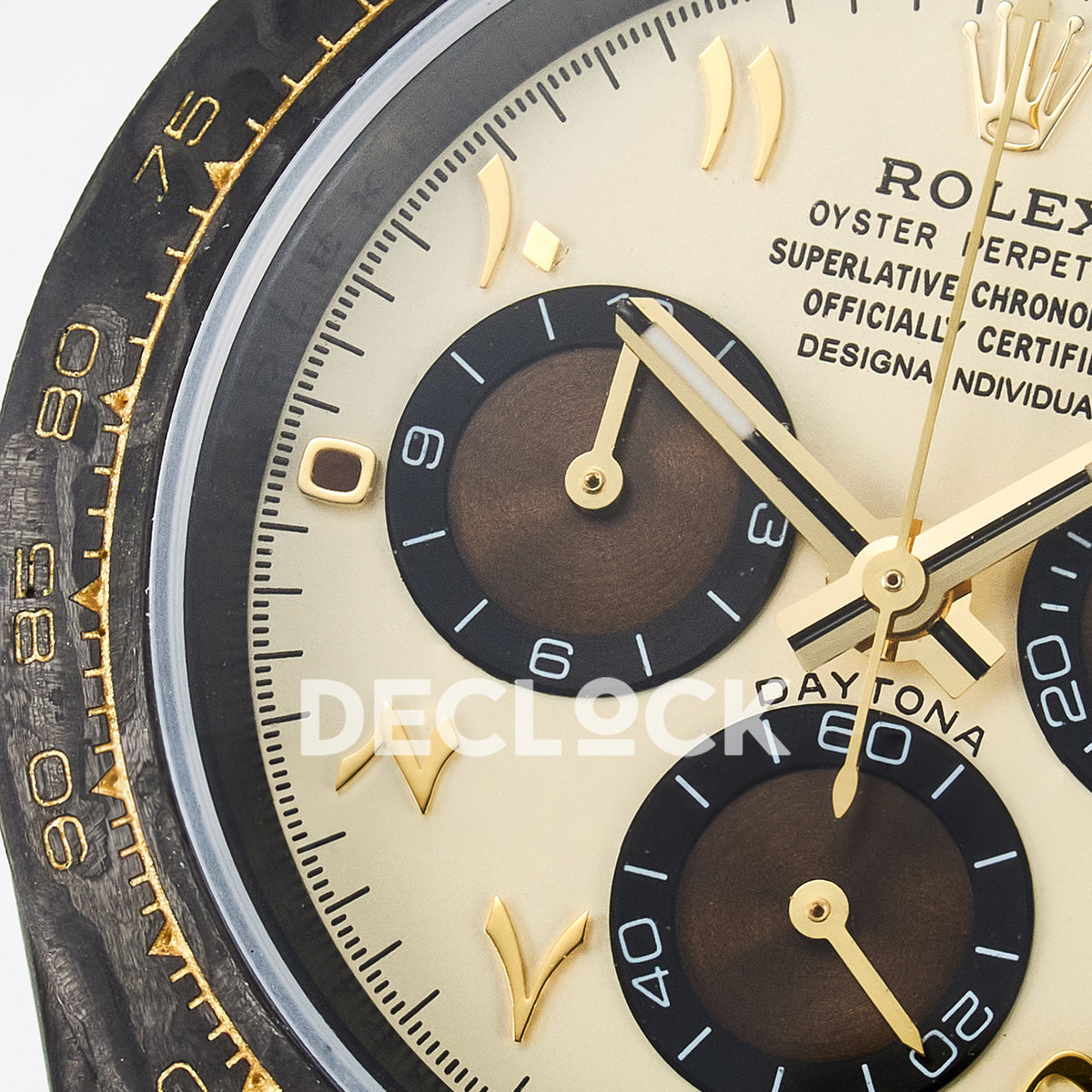Rolex Daytona Custom Carbon Yellow Arabic Brown Strap DIWF A7750 replica - dial left