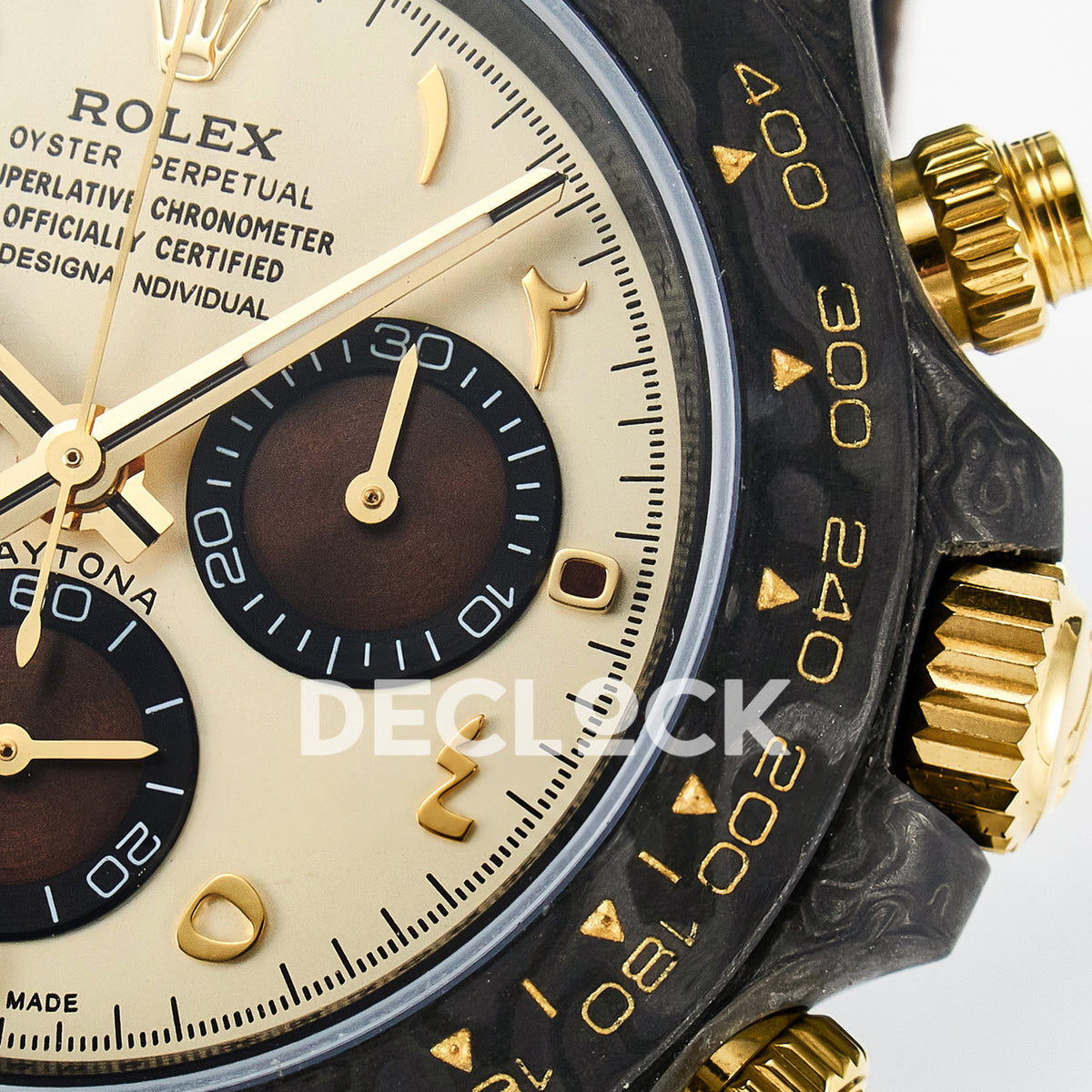 Rolex Daytona Custom Carbon Yellow Arabic Brown Strap DIWF A7750 replica - dial right