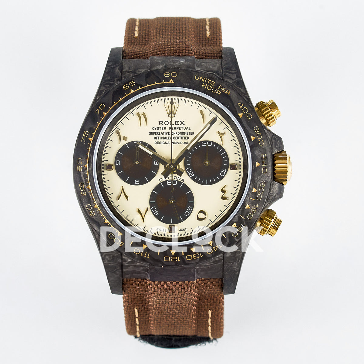 Rolex Daytona Custom Carbon Yellow Arabic Brown Strap DIWF A7750 replica - front