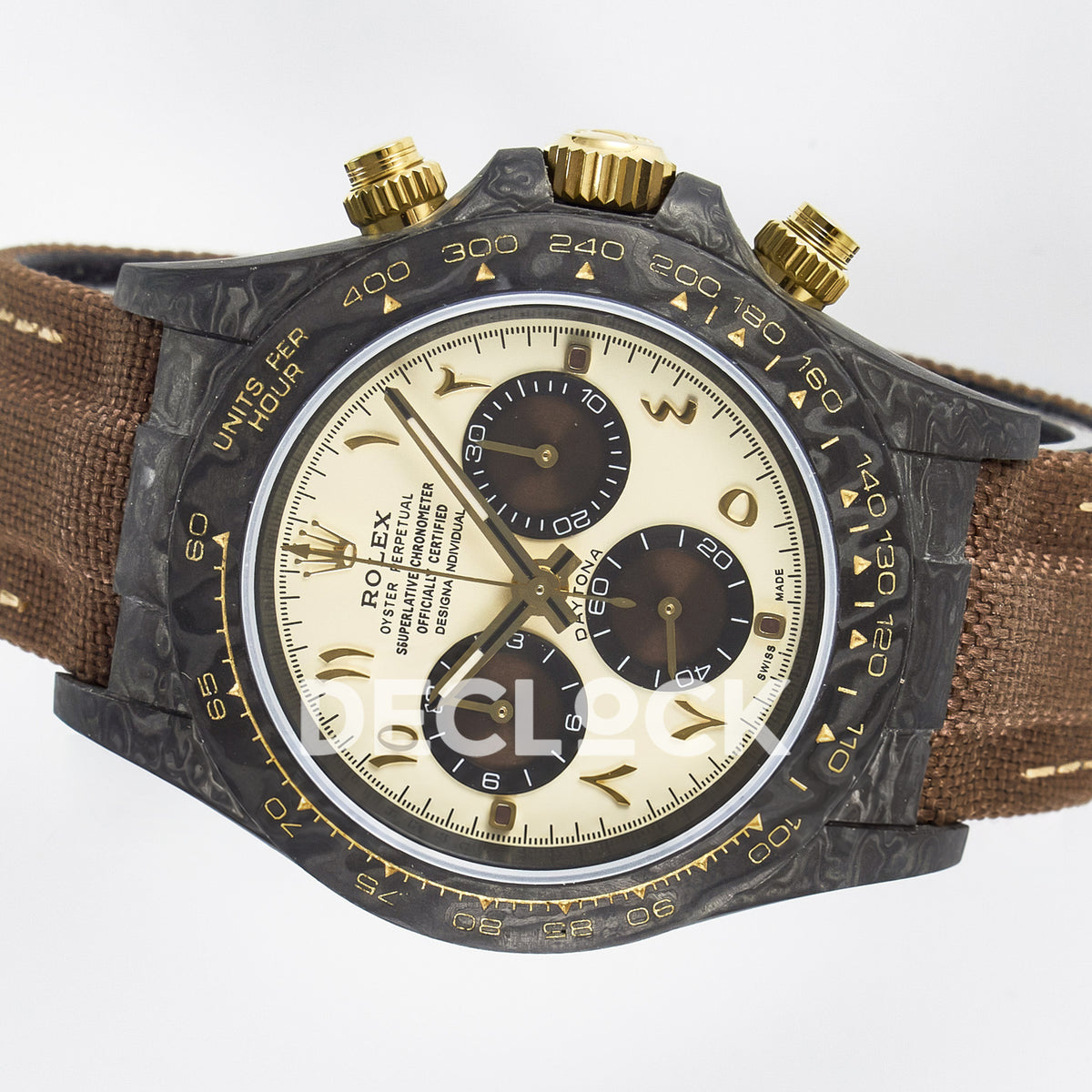 Rolex Daytona Custom Carbon Yellow Arabic Brown Strap DIWF A7750 replica - rotated dial