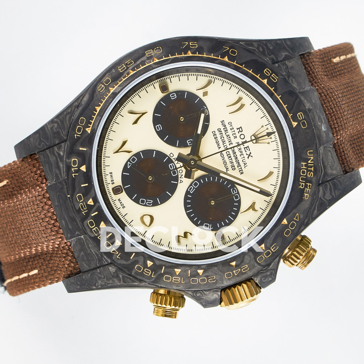 Rolex Daytona Custom Carbon Yellow Arabic Brown Strap DIWF A7750 replica - rotated front
