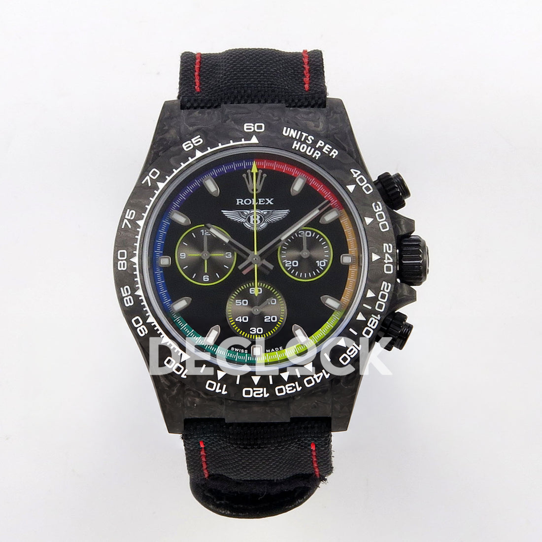 Rolex Daytona Custom DIW 'Bentley' Black Carbon Black Dial Rainbow Chapter Ring ANTF DD4801 replica - front Custom
