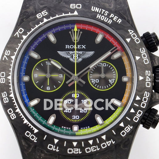Rolex Daytona Custom DIW 'Bentley' Black Carbon Black Dial Rainbow Chapter Ring ANTF DD4801 replica - dial closeup