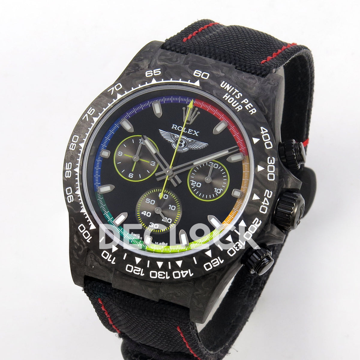 Rolex Daytona Custom DIW 'Bentley' Black Carbon Black Dial Rainbow Chapter Ring ANTF DD4801 replica - three quarter