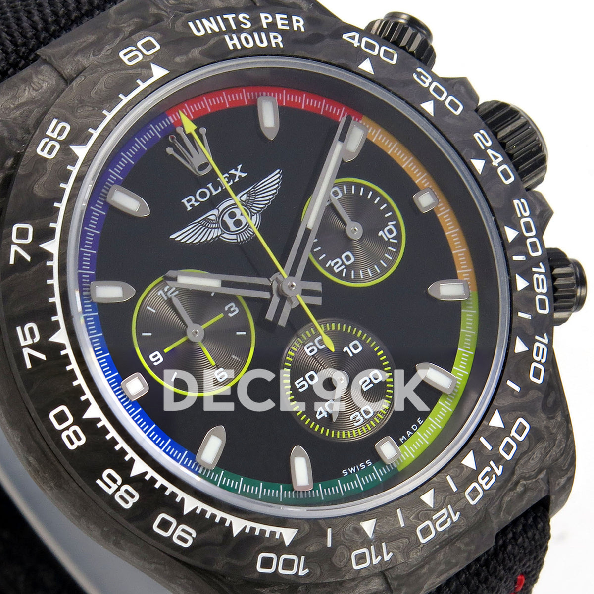 Rolex Daytona Custom DIW 'Bentley' Black Carbon Black Dial Rainbow Chapter Ring ANTF DD4801 replica - dial angle left