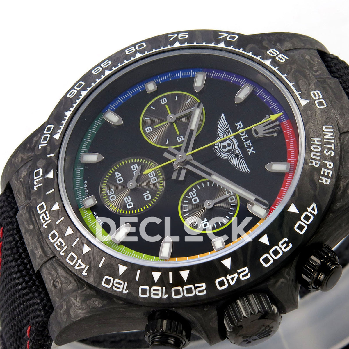 Rolex Daytona Custom DIW 'Bentley' Black Carbon Black Dial Rainbow Chapter Ring ANTF DD4801 replica - dial angle right