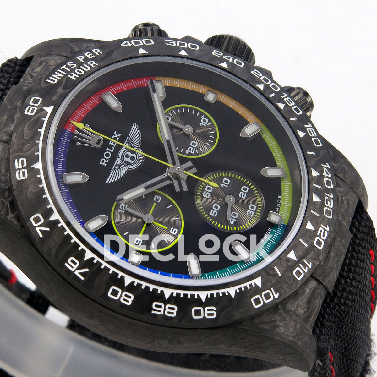 Rolex Daytona Custom DIW 'Bentley' Black Carbon Black Dial Rainbow Chapter Ring ANTF DD4801 replica - dial side angle