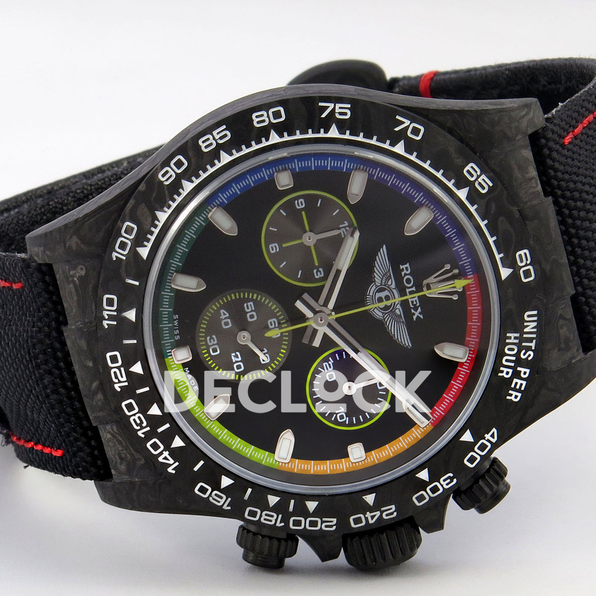 Rolex Daytona Custom DIW 'Bentley' Black Carbon Black Dial Rainbow Chapter Ring ANTF DD4801 replica - full watch left