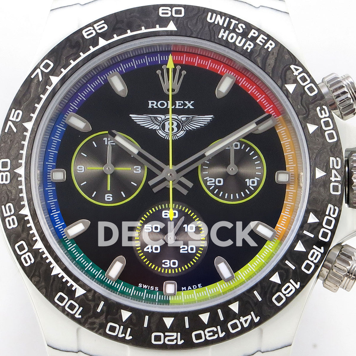 Rolex Daytona Custom DIW 'Bentley' White Carbon Black Dial Rainbow Chapter Ring ANTF DD4801 replica - dial closeup